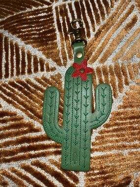 Portland Leather Green Cactus Keychain with Red Flower
